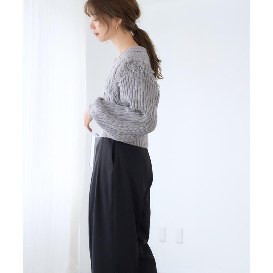 ケーブル フリンジ Vネック ニット トップス レディース 長袖 秋冬