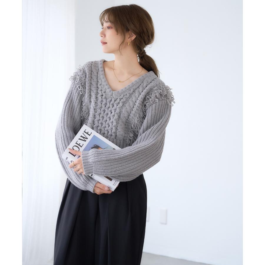 ケーブル フリンジ Vネック ニット トップス レディース 長袖 秋冬