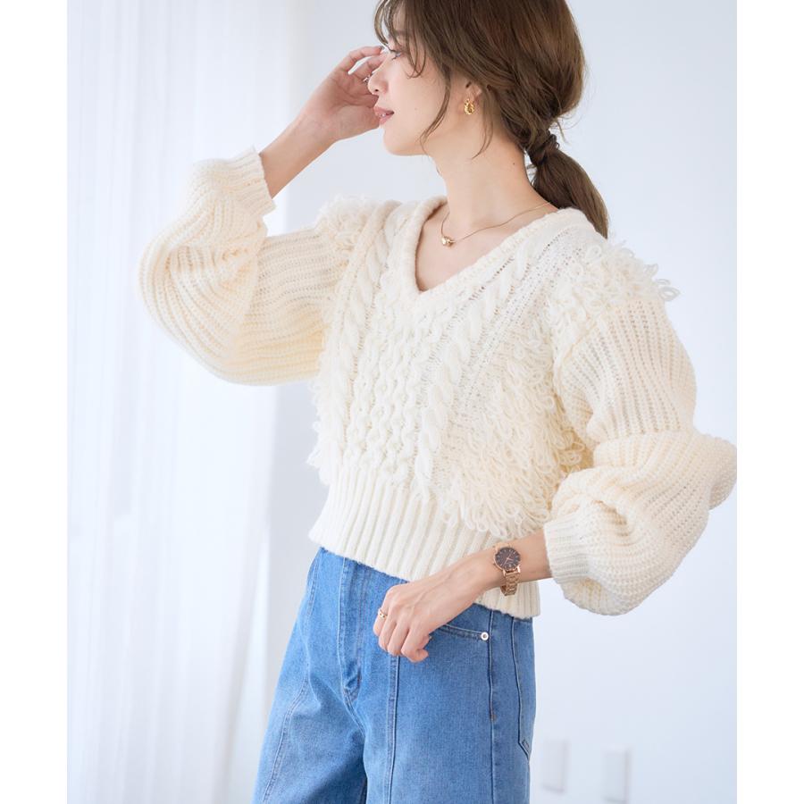 ケーブル フリンジ Vネック ニット トップス レディース 長袖 秋冬