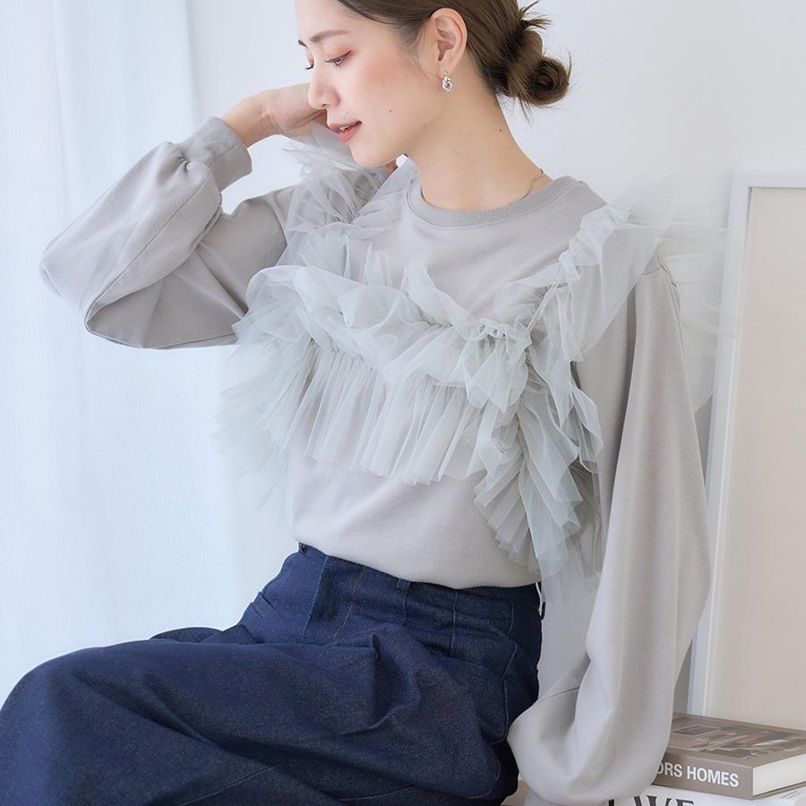 ラグズ チュールつきフリルトップス トップス Tシャツ チュール 可愛い長袖 半袖 2025春夏新作【lstpss24