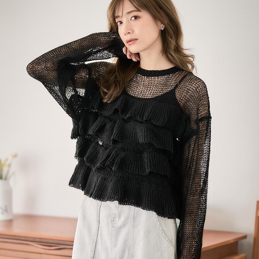 ニット レディース 春 秋冬 透かし編み フリル シアーニット トップス
