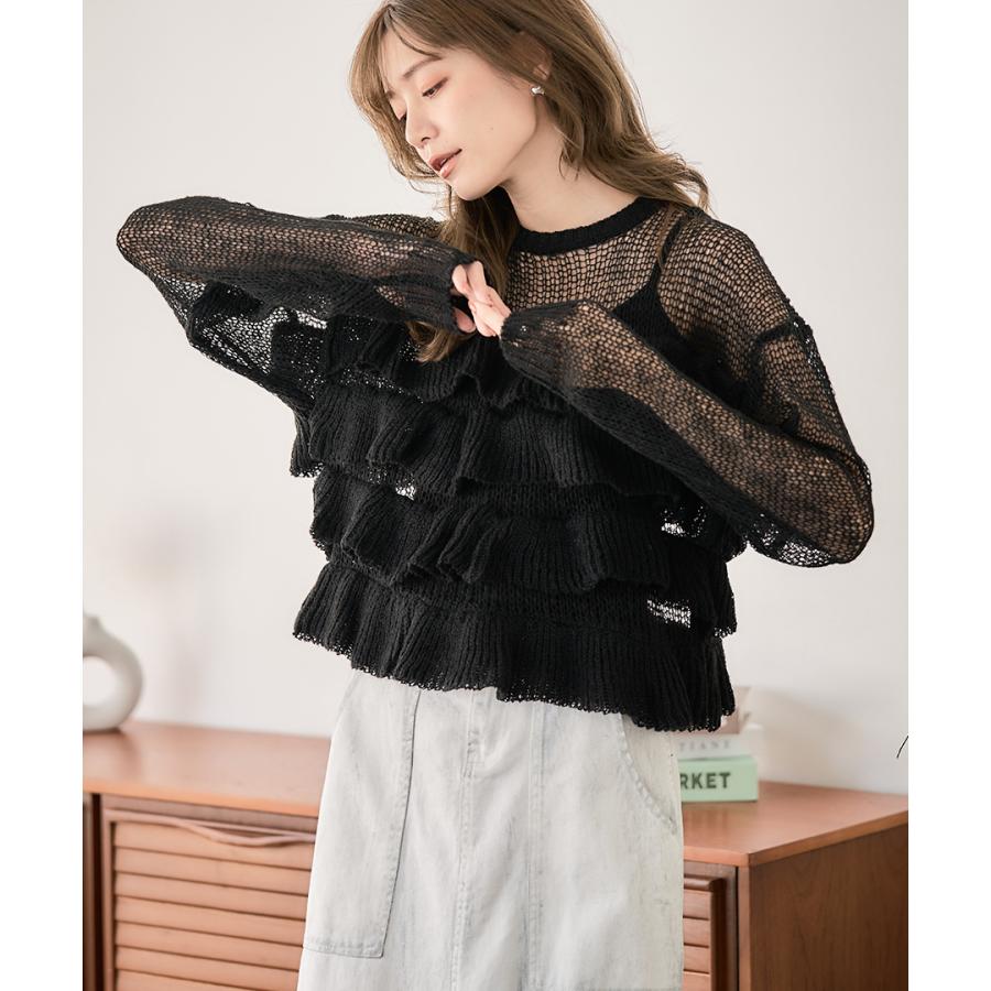 ニット レディース 春 秋冬 透かし編み フリル シアーニット トップス