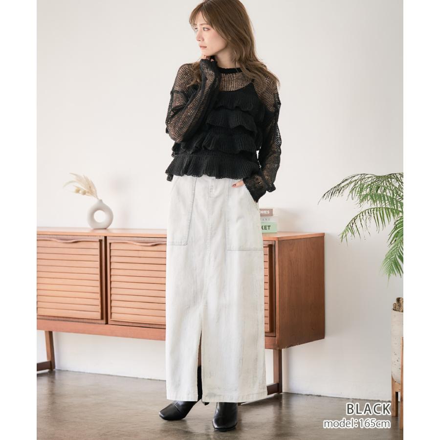 ニット レディース 春 秋冬 透かし編み フリル シアーニット トップス