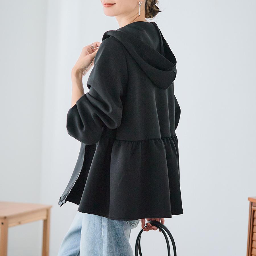 ペプラム パーカー レディース 春 おしゃれ ポンチ素材 フリル フレア
