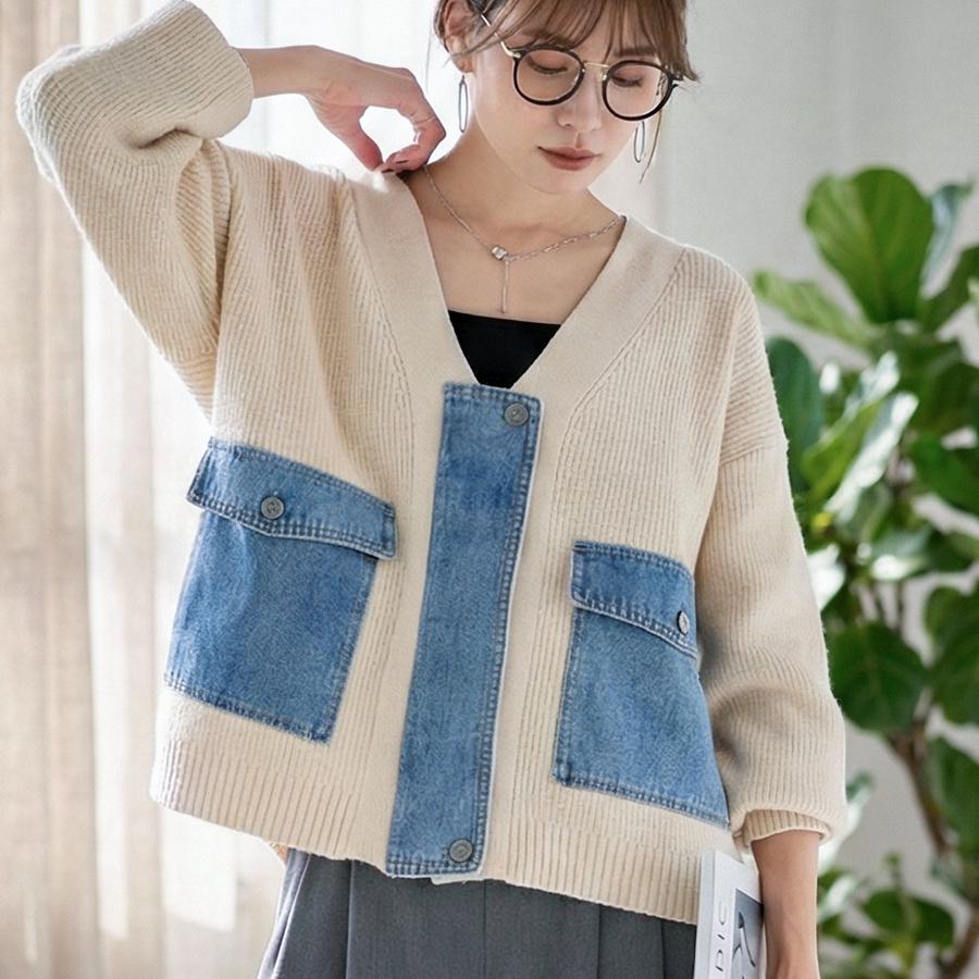 デニム ドッキング ニットカーディガン ノーカラー ニット カーディガン レディース 長袖 Vネック 秋冬 春 ジッパー ポケット | ブランド登録なし