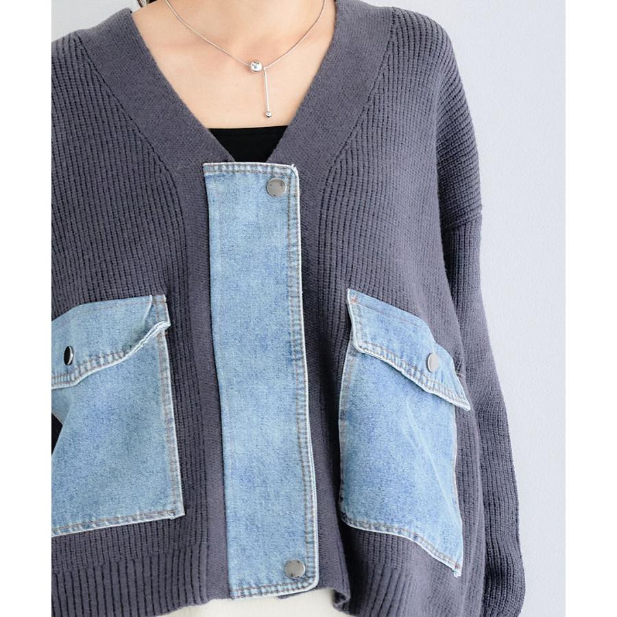 デニム ドッキング ニットカーディガン ノーカラー ニット カーディガン レディース 長袖 Vネック 秋冬 春 ジッパー ポケット | ブランド登録なし | 15