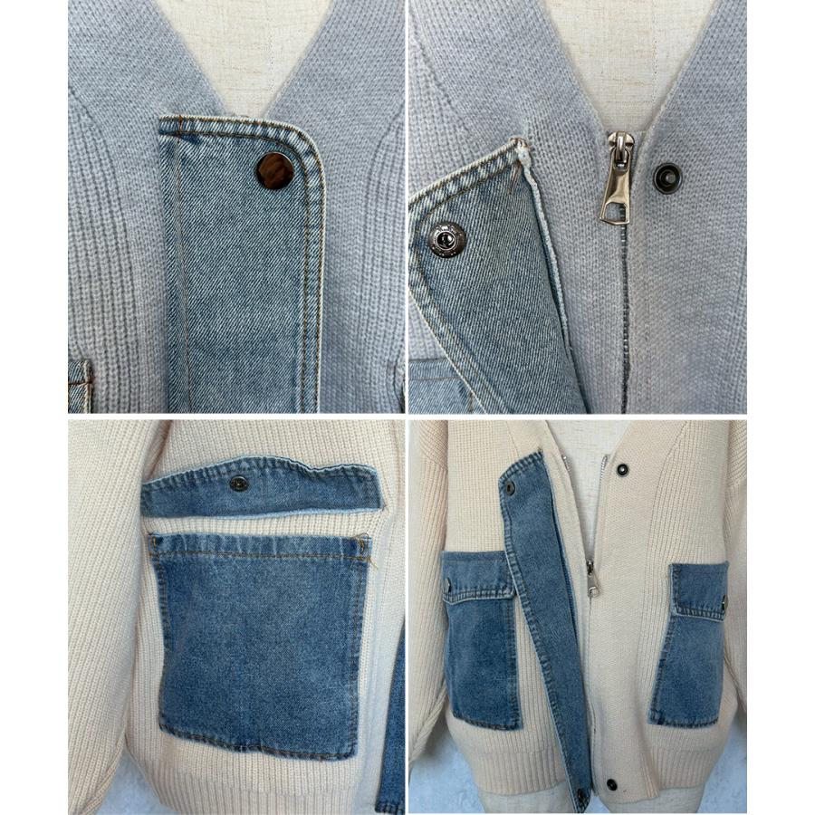 デニム ドッキング ニットカーディガン ノーカラー ニット カーディガン レディース 長袖 Vネック 秋冬 春 ジッパー ポケット | ブランド登録なし | 18