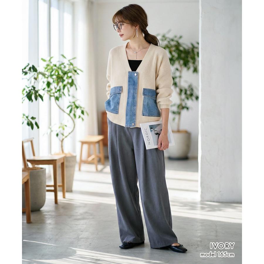 デニム ドッキング ニットカーディガン ノーカラー ニット カーディガン レディース 長袖 Vネック 秋冬 春 ジッパー ポケット | ブランド登録なし | 04