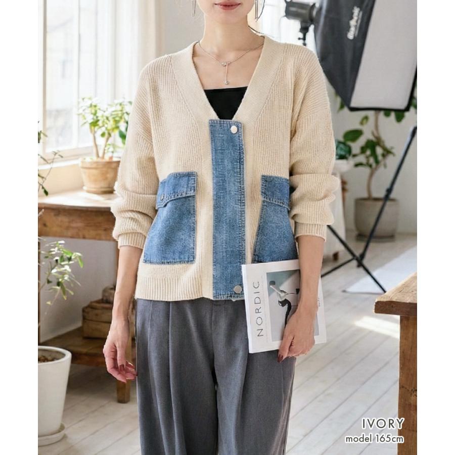 デニム ドッキング ニットカーディガン ノーカラー ニット カーディガン レディース 長袖 Vネック 秋冬 春 ジッパー ポケット | ブランド登録なし | 05