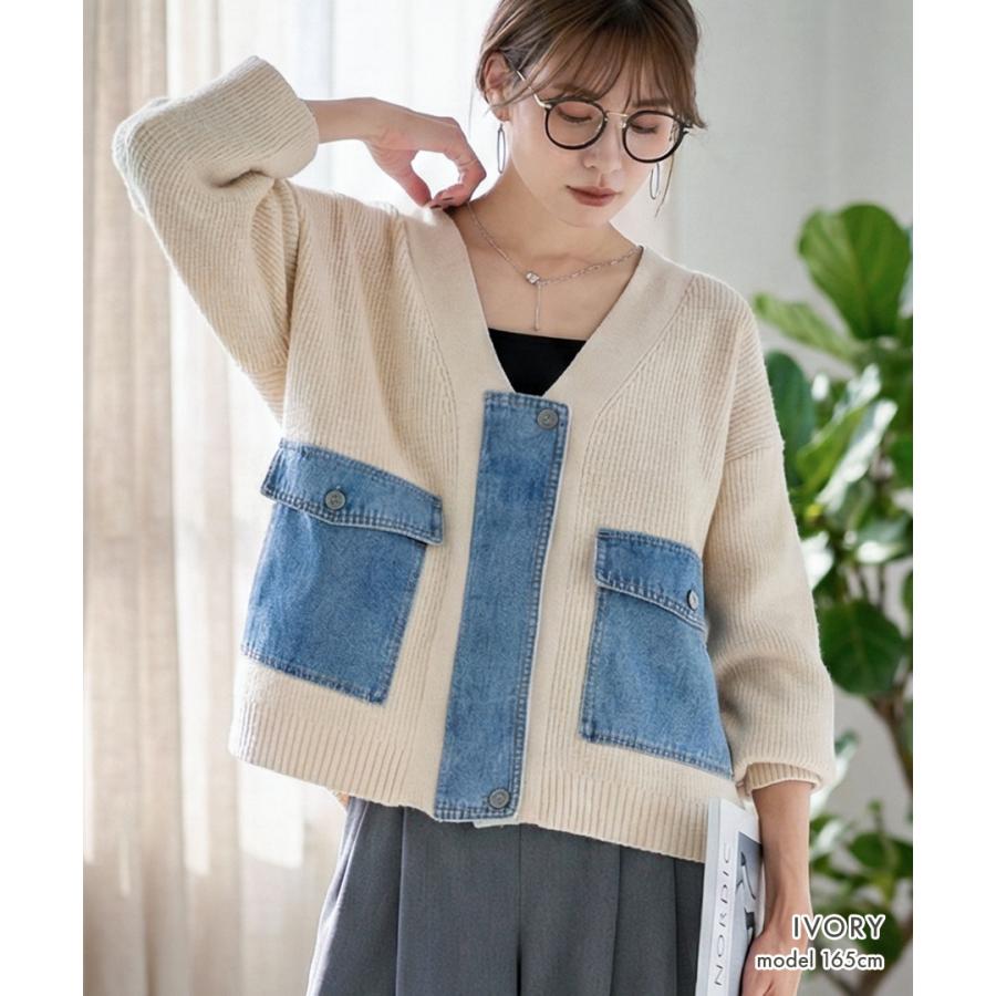 デニム ドッキング ニットカーディガン ノーカラー ニット カーディガン レディース 長袖 Vネック 秋冬 春 ジッパー ポケット | ブランド登録なし | 06