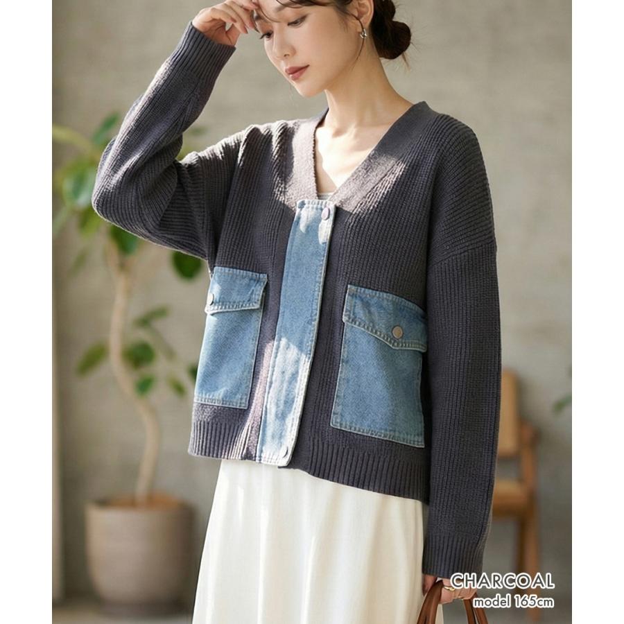 デニム ドッキング ニットカーディガン ノーカラー ニット カーディガン レディース 長袖 Vネック 秋冬 春 ジッパー ポケット | ブランド登録なし | 07