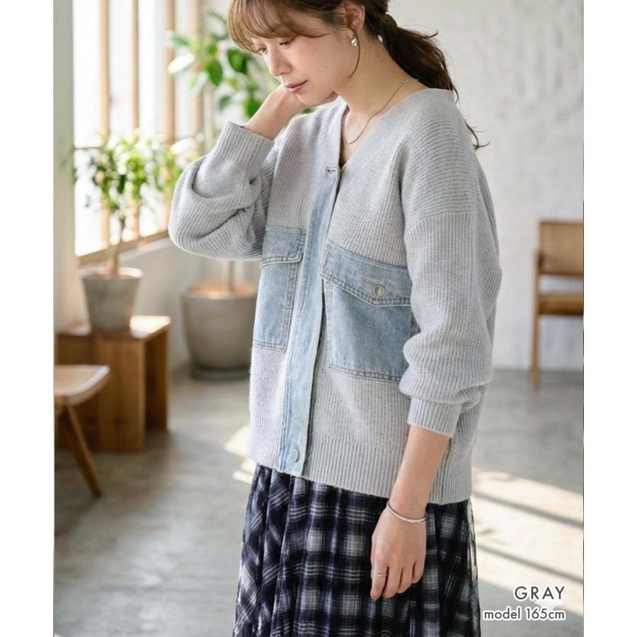 デニム ドッキング ニットカーディガン ノーカラー ニット カーディガン レディース 長袖 Vネック 秋冬 春 ジッパー ポケット | ブランド登録なし | 11