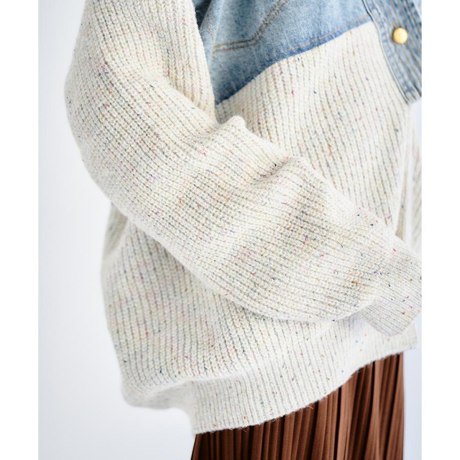 デニムドッキング ネップニットカーディガン デニム切替 レディース 長袖 羽織り ラメ混 ネップ ノーカラー トップス 春 秋冬 | ブランド登録なし | 12