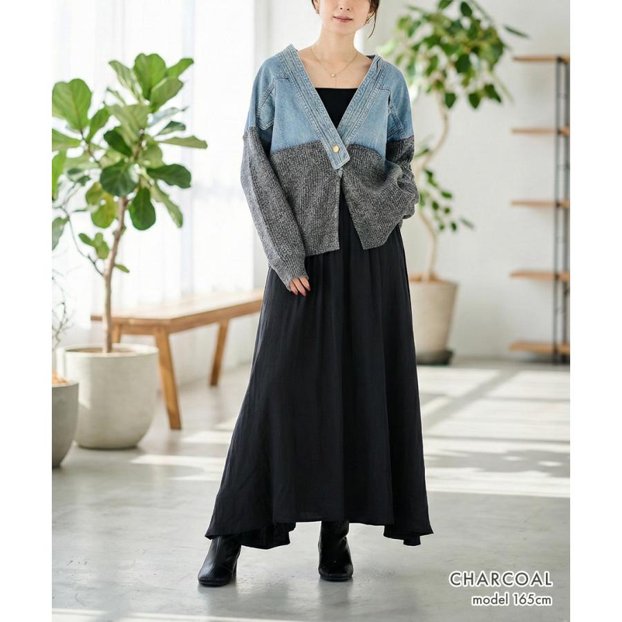 デニムドッキング ネップニットカーディガン デニム切替 レディース 長袖 羽織り ラメ混 ネップ ノーカラー トップス 春 秋冬 | ブランド登録なし | 03