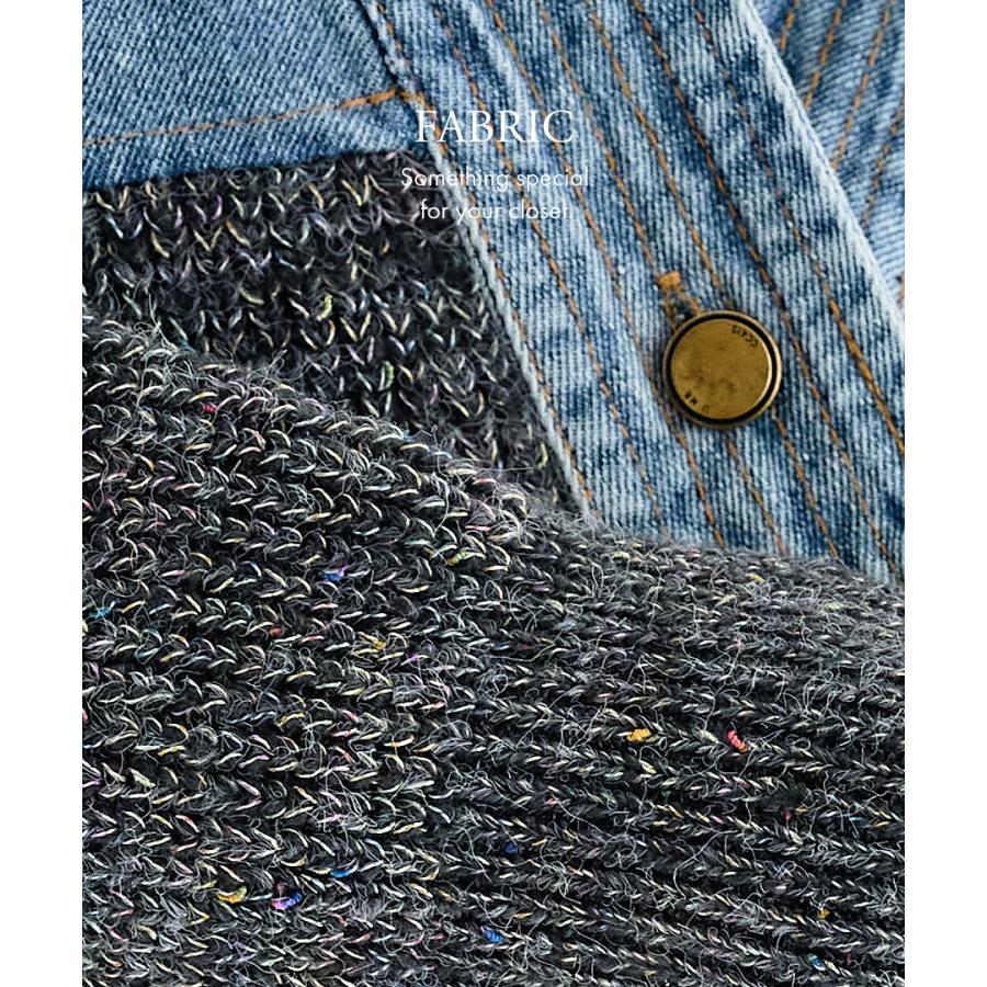 デニムドッキング ネップニットカーディガン デニム切替 レディース 長袖 羽織り ラメ混 ネップ ノーカラー トップス 春 秋冬 | ブランド登録なし | 05