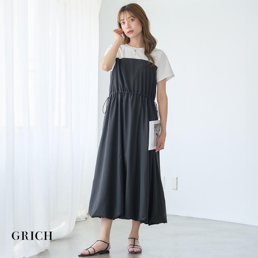 一枚でサマ見え！異素材×バルーン 半袖ドッキングバルーンワンピース | ブランド登録なし