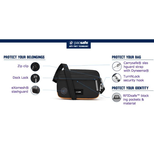 防犯用 PacSafe GO スキミング防止 パックセーフ ショルダーバッグ ボディバッグ 斜め掛け ロック付き 横型 クロスボディ RFIDブロック 12970332 (ei0a331) | PacSafe | 12