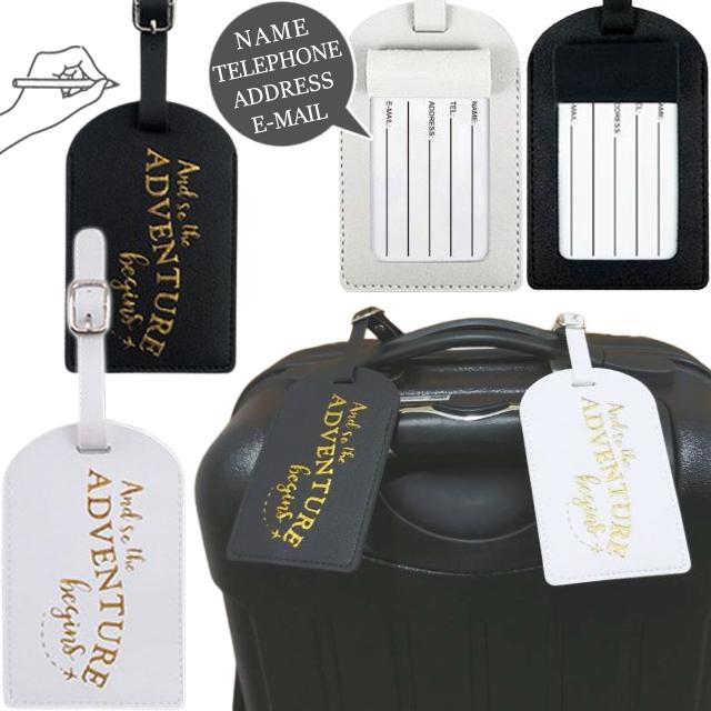 ネームタグ ラゲッジタグ 箔押し 金色 ロゴ 黒 白 ADOVENTURE 飛行機 PUレザー 隠せる フラップ 調整 ベルト 目印 バッグ GPT 10点迄メール便OK(gu1c111) | ブランド登録なし