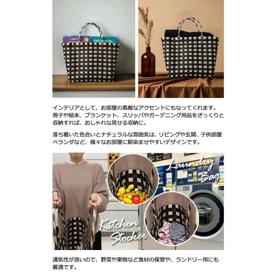かごバッグ トート チェック かご ストロー PP バッグ 黒