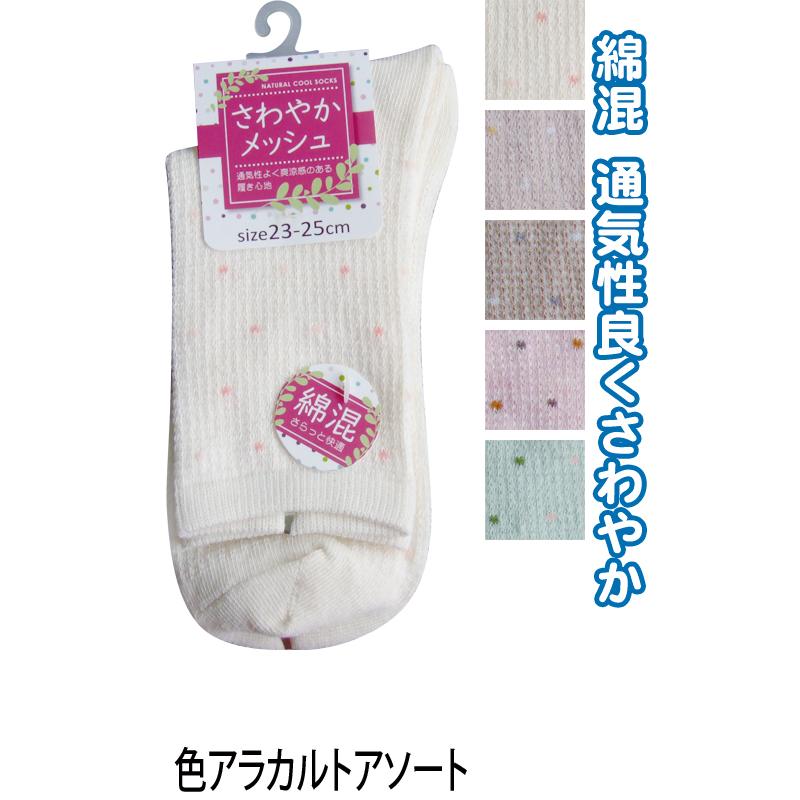 【まとめ買い=注文単位10個】婦人 綿混ドット柄メッシュソックス 30323 靴下 レディース アソート(色柄ある場合)48-373(se2e821) | 