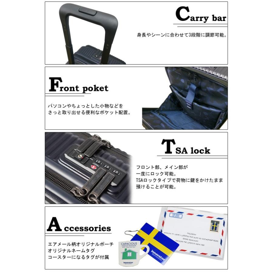 イノベーター スーツケース 機内持ち込み INV50 Sサイズ 38L ストッパー フロントオープン ファスナー TSA 1泊 2泊 キャリーバッグ innovator(to4a103)「C」 | innovator | 02