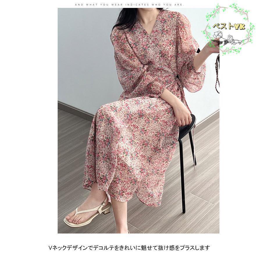 シフォンワンピース レディース ロングワンピース 花柄 Vネック シフォンワンピース レディース ロングワンピース 花柄 Vネック