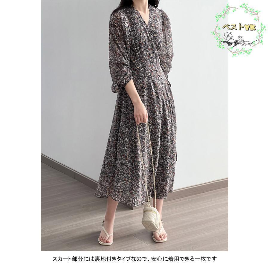 シフォンワンピース レディース ロングワンピース 花柄 Vネック