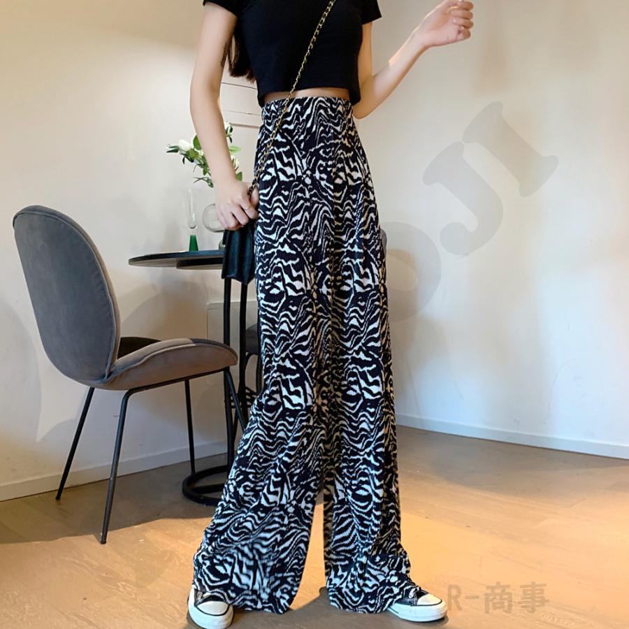 柄 プリーツワイドパンツ 夏レディース ボトムス 楽ちん