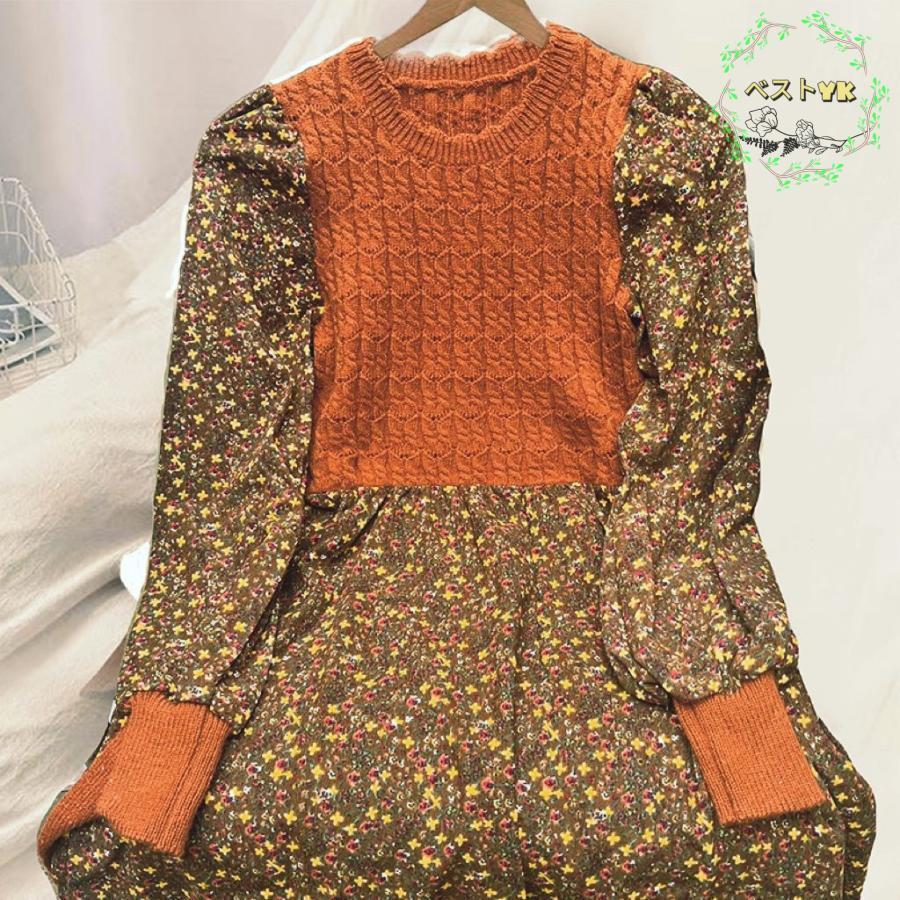 ロゼッタゲッティ　ワンピース　花柄　長袖　膝丈 線画タッチ花柄ギャザー切替ワンピース[品番：ATTW0007198