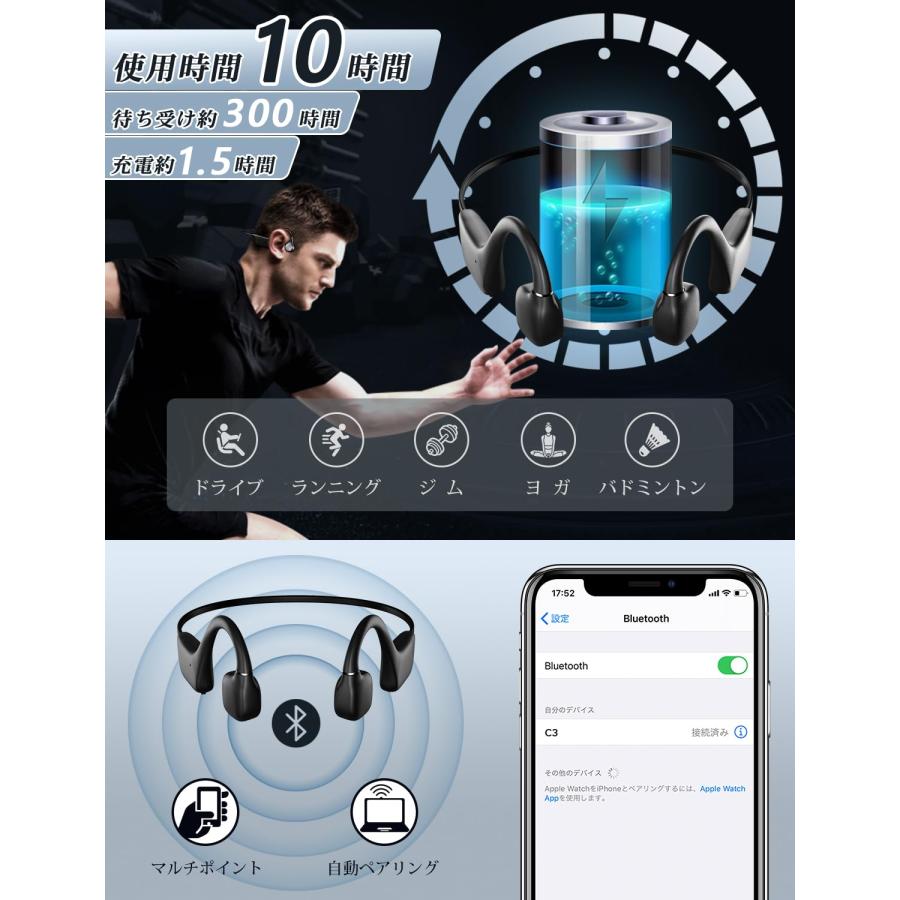 送料無料★骨伝導ワイヤレスイヤホン bluetooth  急速充電 自動ペアリング 耳を塞がない 軽量 ヘッドセット スーポツ｜grobalrich｜03