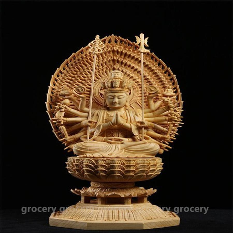 稀少逸品◆仏教美術 カナダ檜木精彫 千手観音像 純手工細作 仏教仏像 高28cm 幅14m 厚12cm