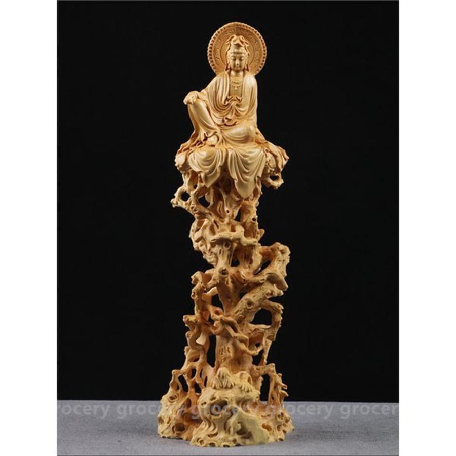 仏教美術 観音菩薩像 黄楊木精細彫琢 木彫仏像 置物 木彫工芸品 高