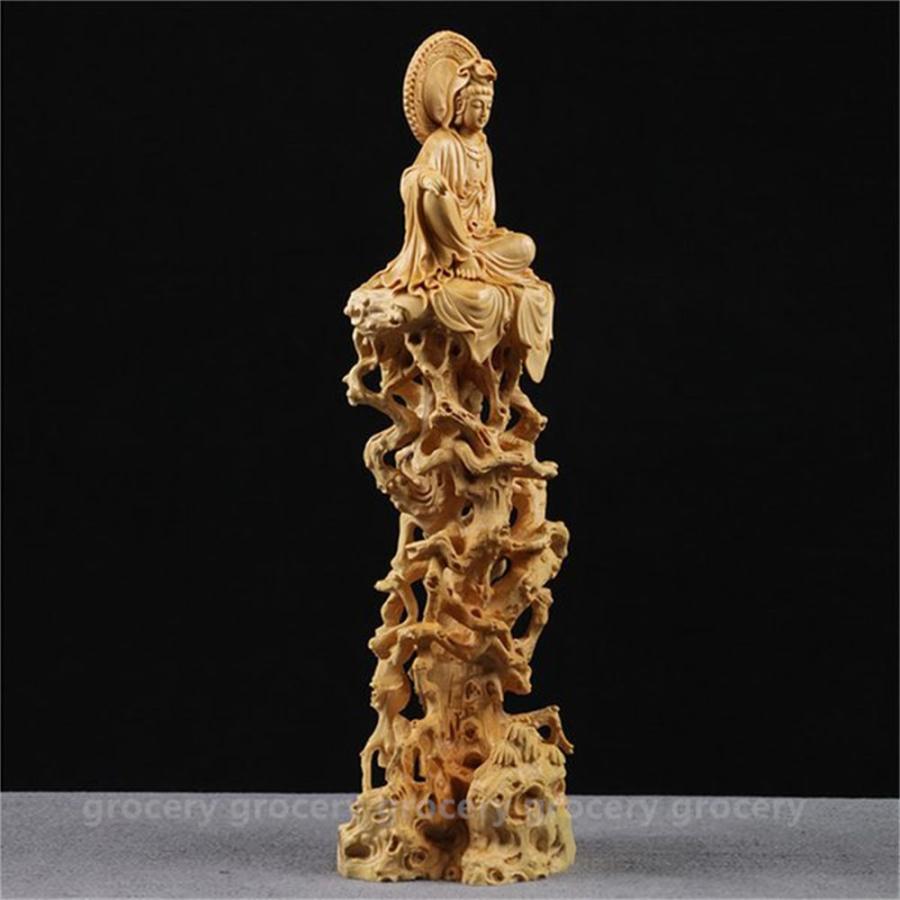 仏教美術 観音菩薩像 黄楊木精細彫琢 木彫仏像 置物 木彫工芸品 高25cm
