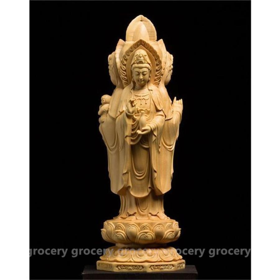 爆安 木彫仏像 黄楊木ハンドメイド彫刻 三面観音菩薩像 専用箱包装 高20.5
