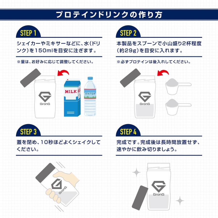 【2日は10％OFFクーポン配布】グロング ホエイプロテイン100 スタンダード シェイカー セット 甘味料・香料無添加 ナチュラル 1kg GronG｜grong｜08