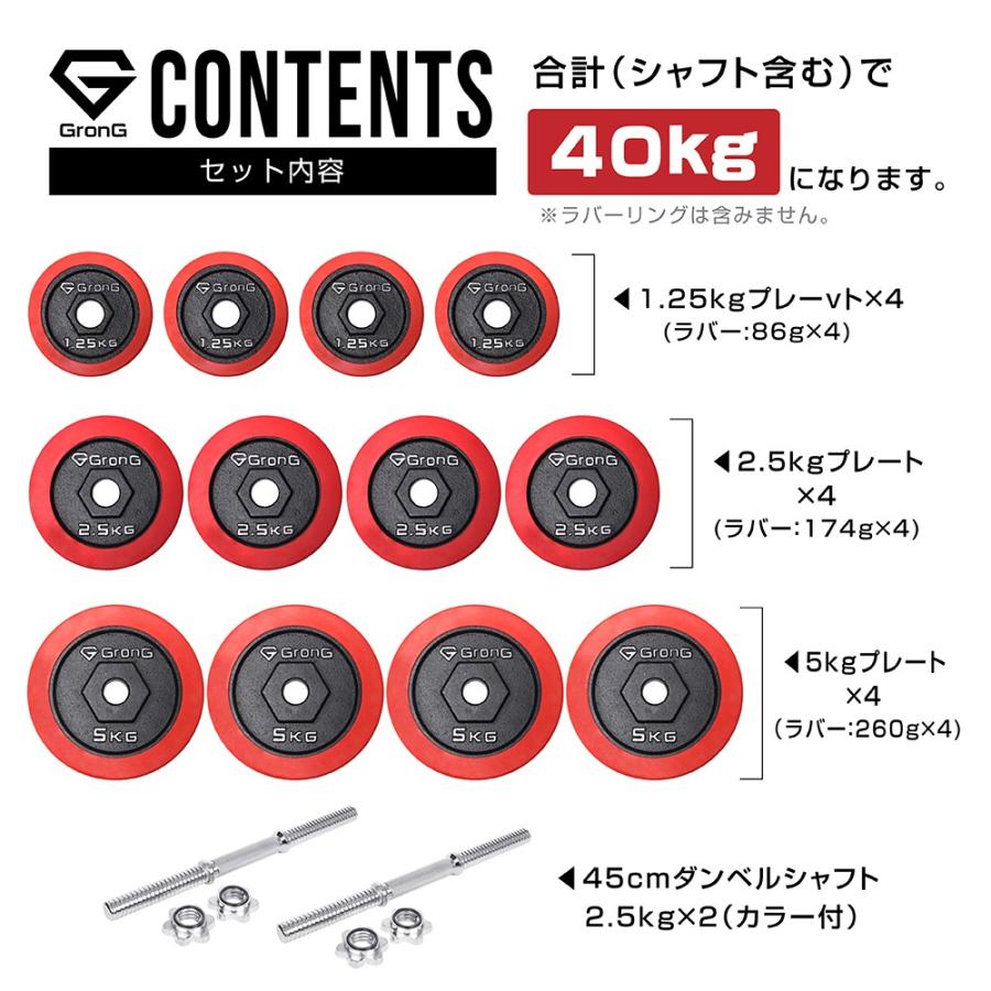 グロング アイアンダンベル 40kg セット 片手20kg×2個 ラバー付き シャフト プレート 重量変更 調節可能 GronG｜grong｜04