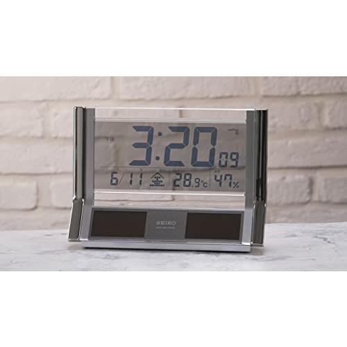 セイコー クロック 置き時計 ハイブリッドソーラー 電波 デジタル カレンダー 温度 湿度 表示 銀色 メタリック SQ690S SEIKO｜gronlinestore｜04