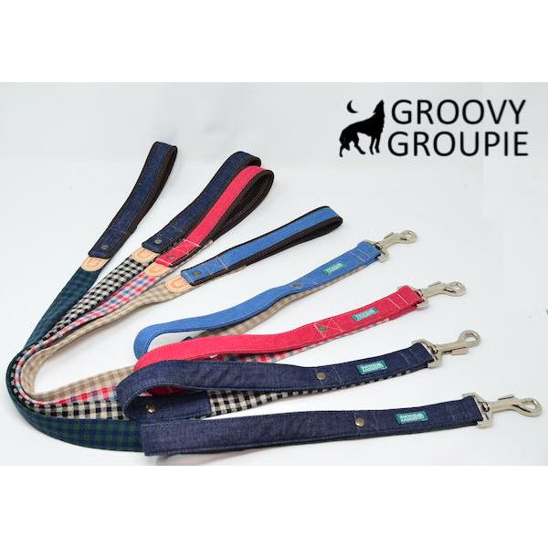大型犬 リード サイドグリップ 【  麻混 ギンガムチェック とデニム 】 安心 安全 ダブルナスカン ダブルリード オプション | 