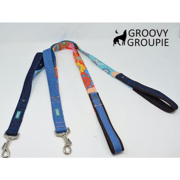 大型犬 リード サイドグリップ 【  レトロ花柄 とデニム 】 安心 安全 ダブルナスカン ダブルリード オプション | 