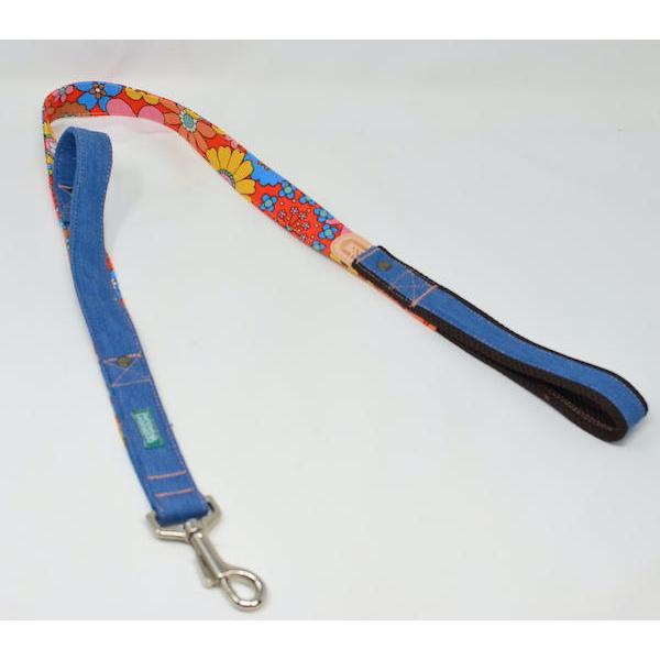 大型犬 リード サイドグリップ 【  レトロ花柄 とデニム 】 安心 安全 ダブルナスカン ダブルリード オプション |  | 01