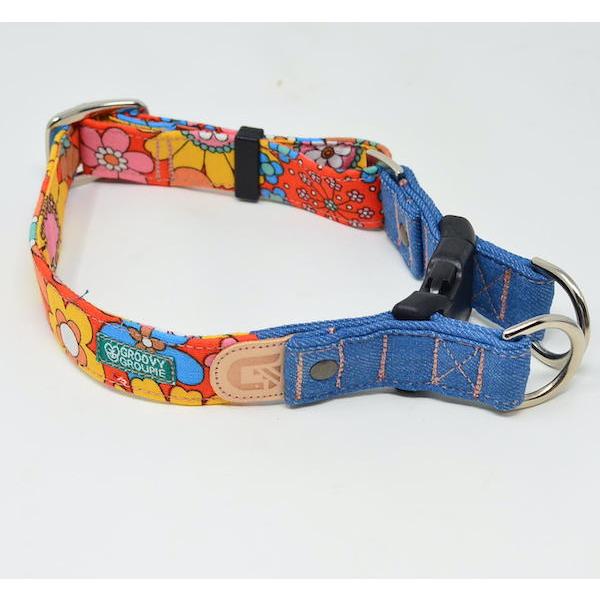 首輪 大型犬 Lサイズ ダブルDカン ダブルリング 【 レトロ 花柄 デニム