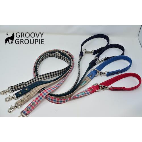 犬用リード 【 麻混 ギンガムチェック デニム 】3way長さ調節 カフェ  