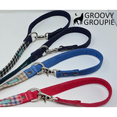 犬用リード 【 麻混 ギンガムチェック デニム 】3way長さ調節 カフェ