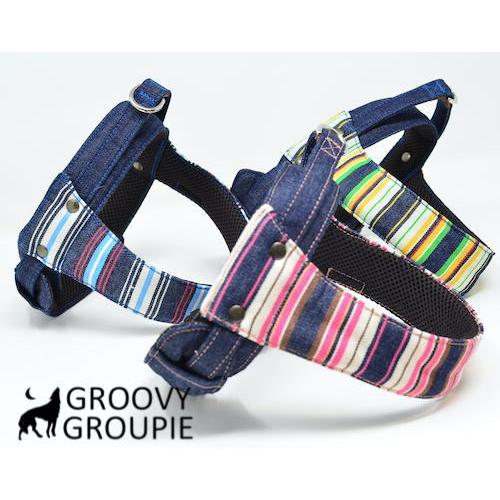 小型犬用 ハーネス Sサイズ ハンドメイド デニムストライプ マルチストライプ&インディゴデニム クイックハーネス【小型犬用S
