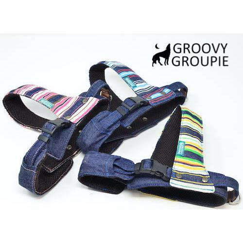 小型犬用 ハーネス Sサイズ ハンドメイド デニムストライプ マルチストライプ&インディゴデニム クイックハーネス【小型犬用S