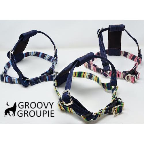 小型犬用 ハーネス Sサイズ ハンドメイド デニムストライプ ハーネス