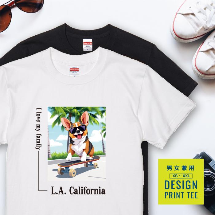 愛犬 Tシャツ 犬 コーギー トライカラー スケボー 西海岸 スクエア