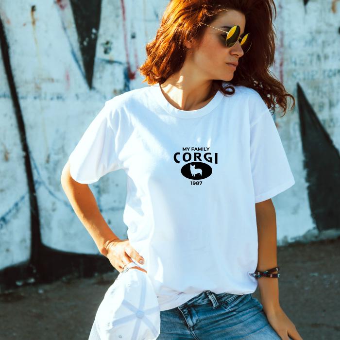 Tシャツ 半袖 コーギー 犬 ロゴ 前面 プリント カレッジ 風 犬の日