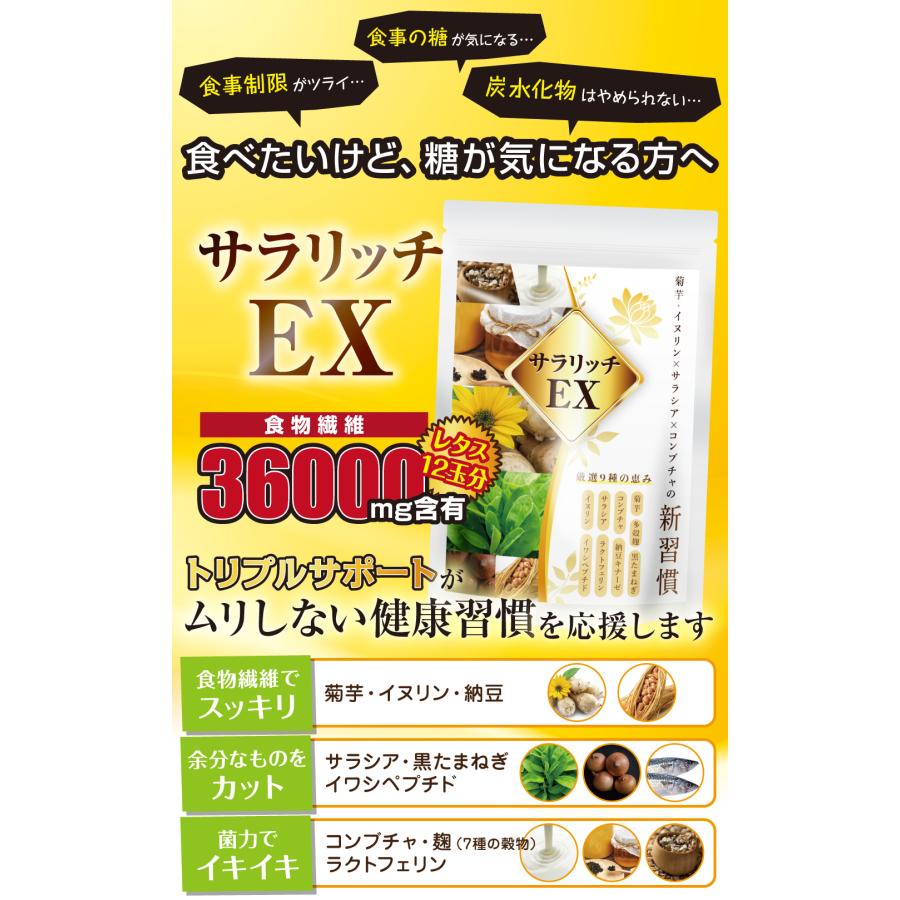 イヌリン サプリ レタス12玉分の食物繊維 サラシア サラリッチEX 糖ケア 菊芋 ラクトフェリン 180粒 一日6粒目安 公式ストア｜growth-cv｜02