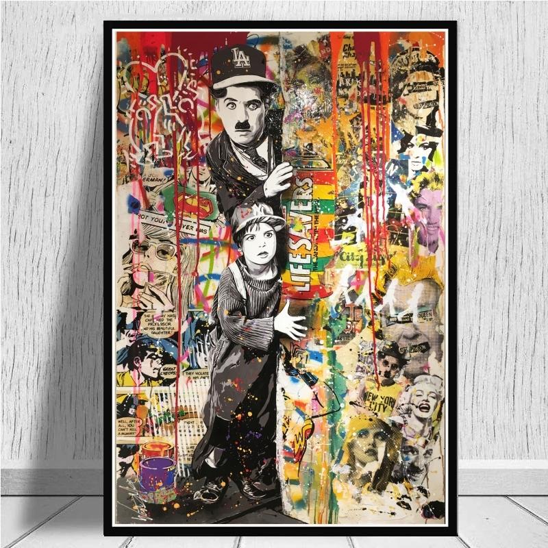 激安人気新品 バンクシー banksy チャップリンと女の子 100×140cm プリントキャンバスポスター インテリア アート ポスター